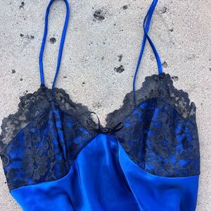 Women's Vintage Y2K Early 2000s Dark Blue And Black Lace Nightgown Slip Dress